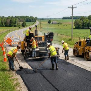 Construction workers paving asphalt on a city street with heavy equipment